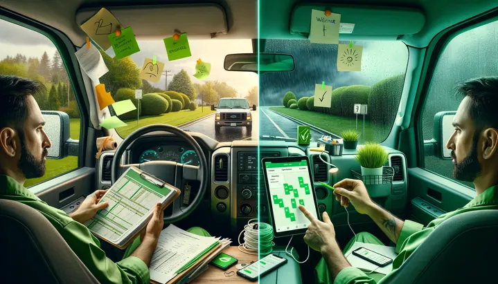 Illustration of the Lawn Care Company workflow, before and after