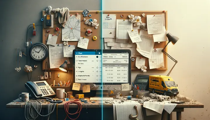Illustration of the Plumbing Company workflow, before and after