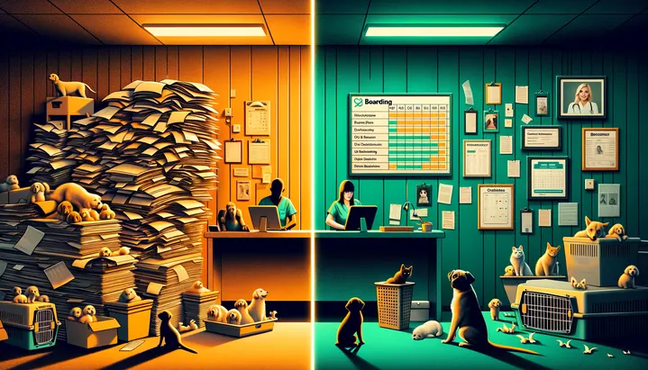 Illustration of the Veterinary Clinic workflow, before and after